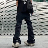 Hearujoy High Street Frayed Tassel Black Flare Jeans Pants for Men Straight Baggy Ropa Hombre Denim Trousers Oversized Distressed Cargos